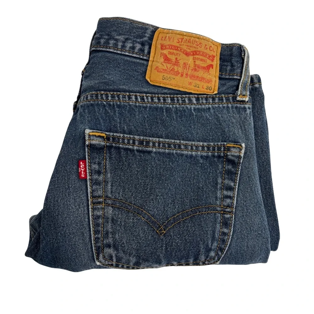 Levis 505 Regular Fit Dark Blue Jeans Mens 31x26 Straight Leg Shorter Inseam